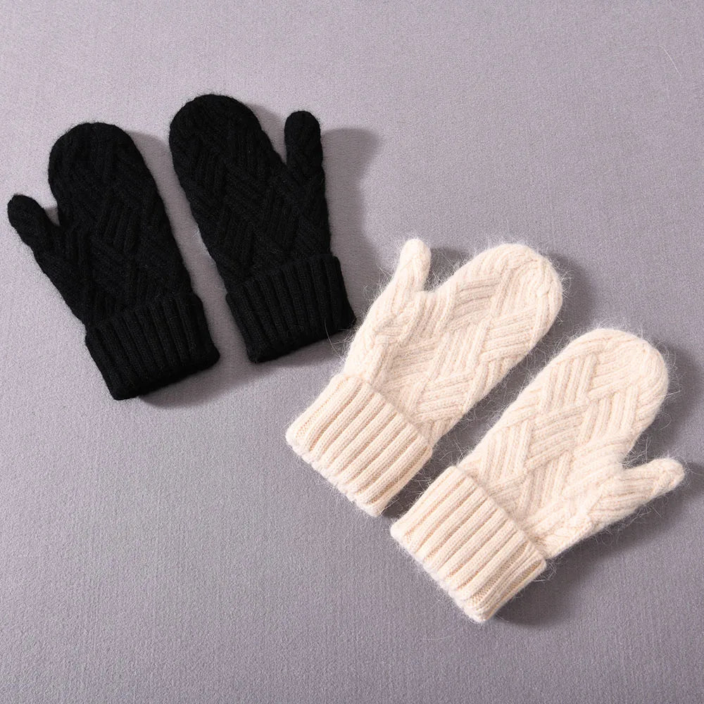 Women Cashmere Knit Mittens High Quality Winter Female Wool Thickening Plush Fashion Warm Full Finger Gloves