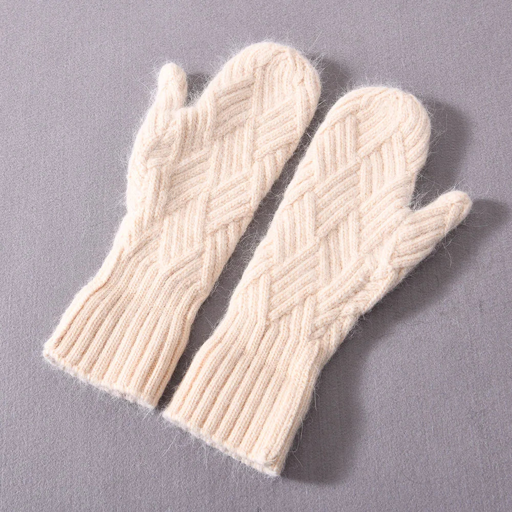 Women Cashmere Knit Mittens High Quality Winter Female Wool Thickening Plush Fashion Warm Full Finger Gloves