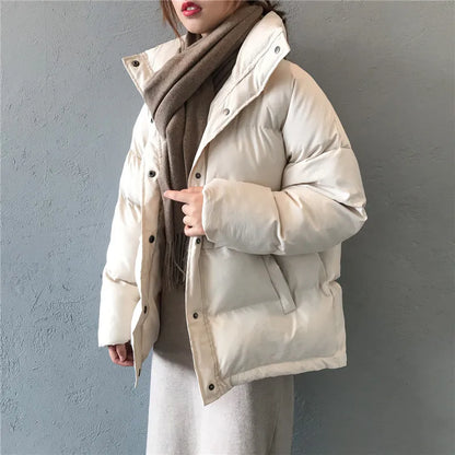 crriflz fashion solid women's winter down jacket stand collar short single-breasted coat preppy style parka ladies chic outwear