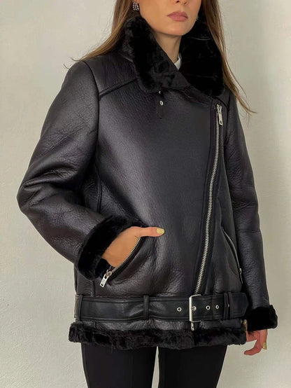 2023 New Women Winter Sheepskin Coat Thick Warm Faux Lamb Leather Jacket with Belt Loose Outerwear Streetwear