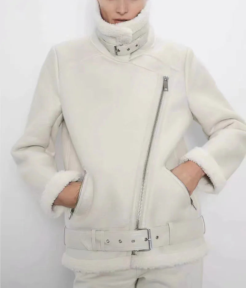 2023 New Women Winter Sheepskin Coat Thick Warm Faux Lamb Leather Jacket with Belt Loose Outerwear Streetwear