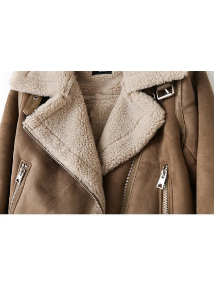 ZACK RAIN Brown Jacket For Women 2023 Winter Vintage Fur Integrated Jacket Lapel Long Sleeves Jackets Female Outwears Chic