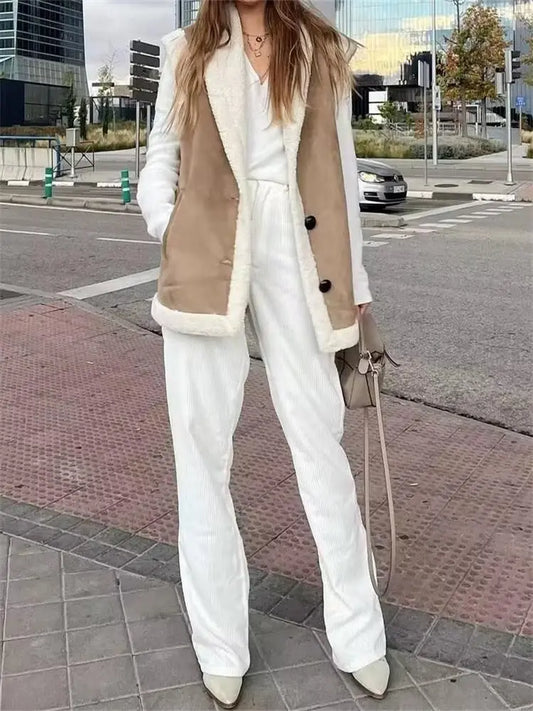 ZXQJ Women 2023 Fashion Thick Warm Faux Shearling Loose Waistcoat Vintage Sleeveless Front Buttons Female Outerwear Chic Veste