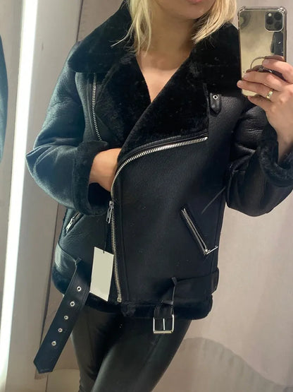 Ailegogo Winter Coats Women Thickness Faux Leather Fur Sheepskin Female Fur Leather Jacket Aviator Outwear Casaco Feminino