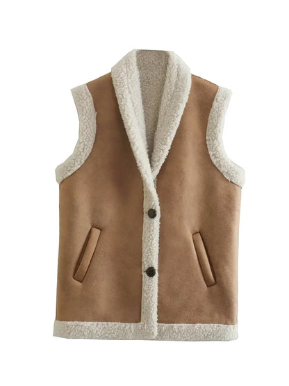 ZXQJ Women 2023 Fashion Thick Warm Faux Shearling Loose Waistcoat Vintage Sleeveless Front Buttons Female Outerwear Chic Veste